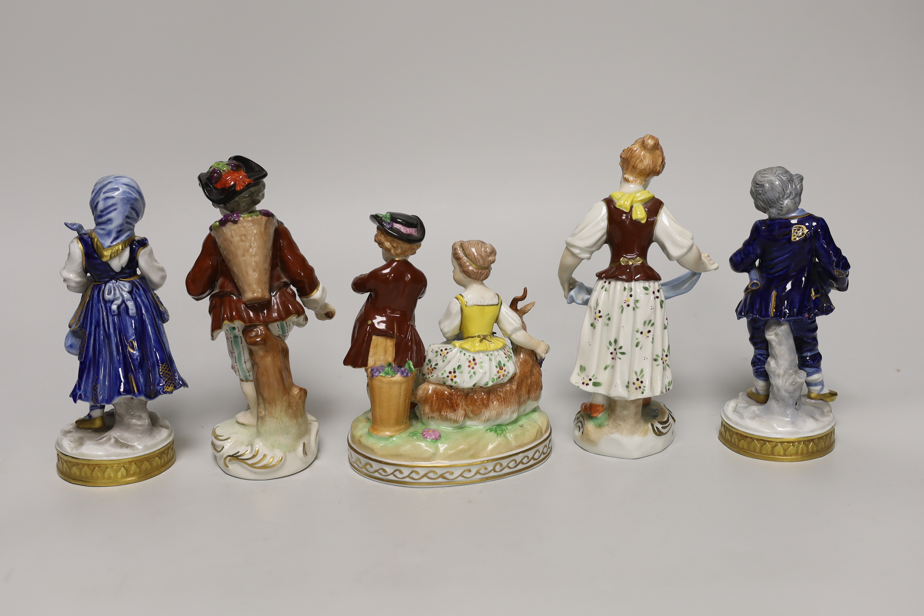 Five small German porcelain figures, tallest 15cm